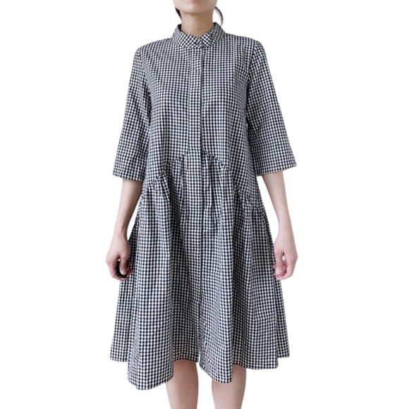 BLACK WHITE GINGHAM PLAID BUTTON DOWN MIDI DRESS - Picture 2 of 8